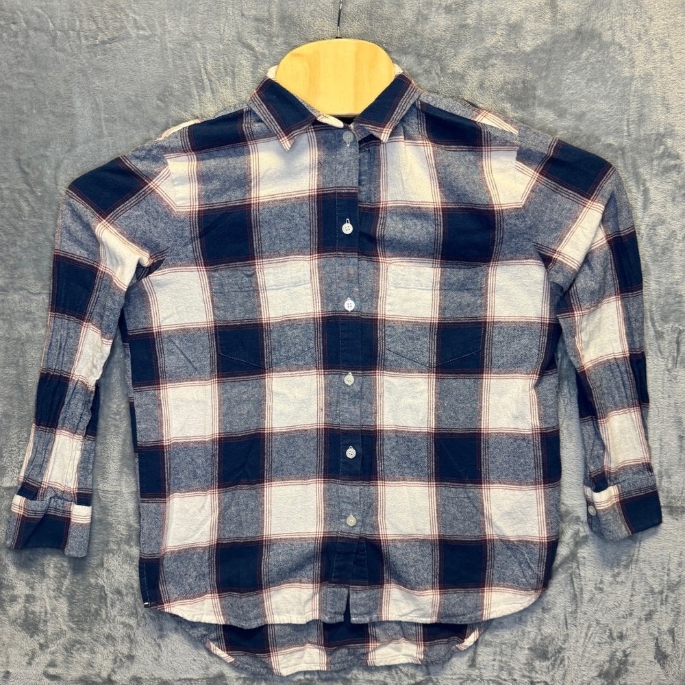 2206 | Madewell Flannel Plaid Button Down Shirt Navy Cream Women XXS